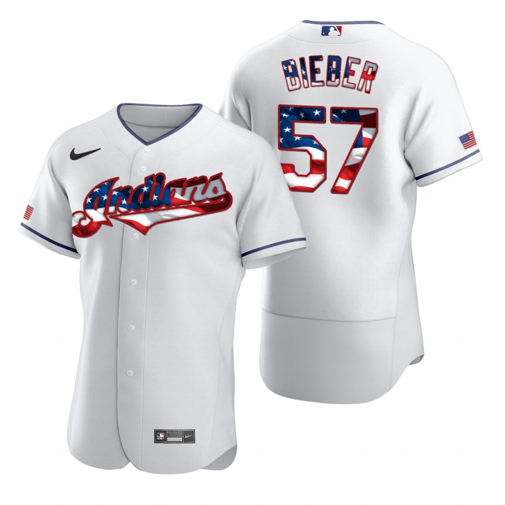 Cleveland Indians 57 Shane Bieber Men Nike White Fluttering USA Flag Limited Edition Authentic MLB Jersey
